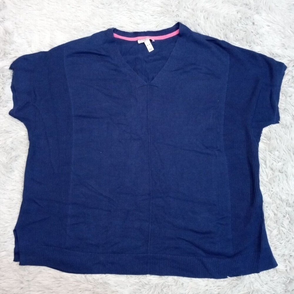 Isaac Mizrahi Navy V-Neck Sweater with Pink Trim